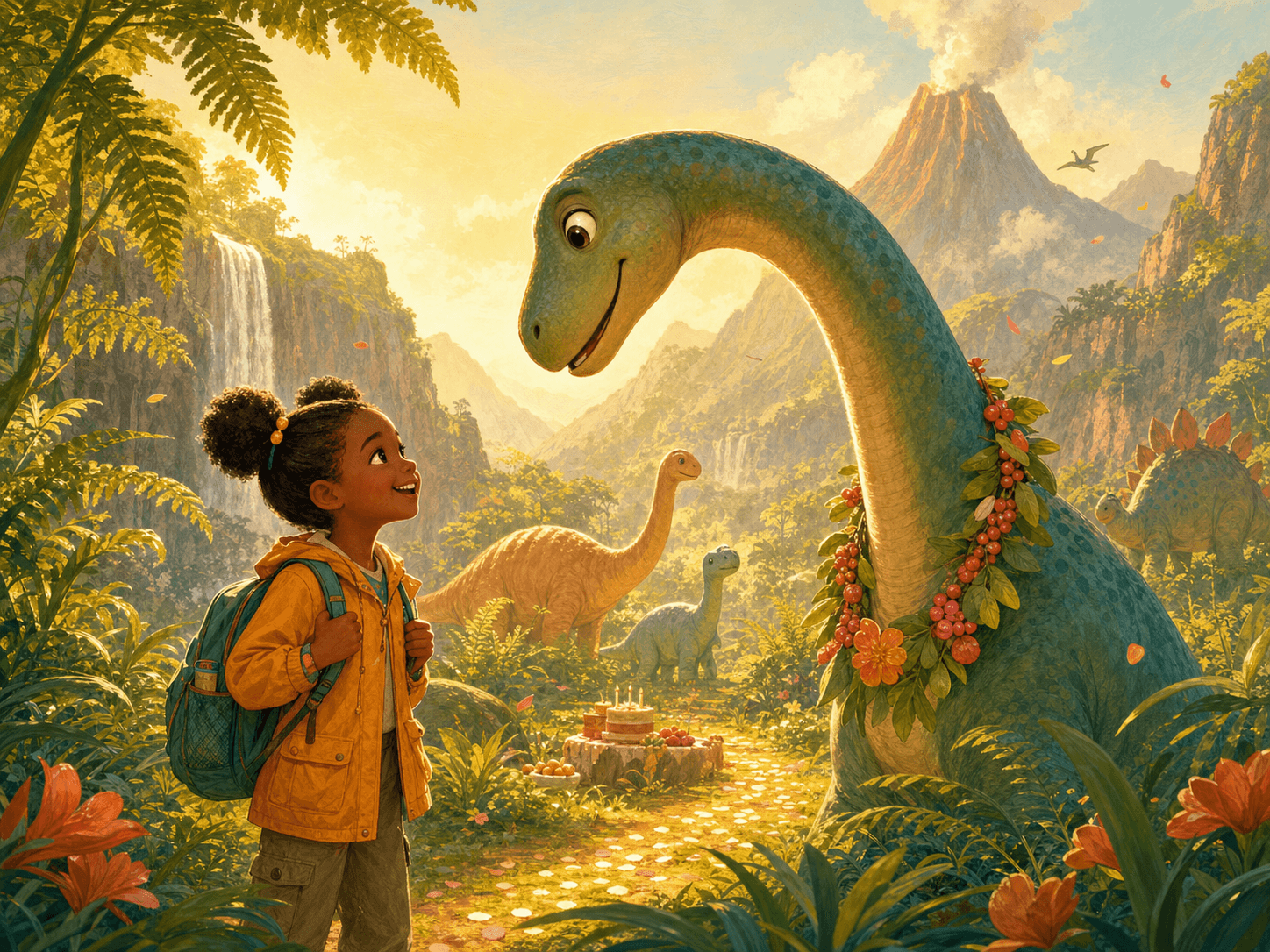 A young girl hero meeting a friendly birthday dinosaur in a golden prehistoric valley