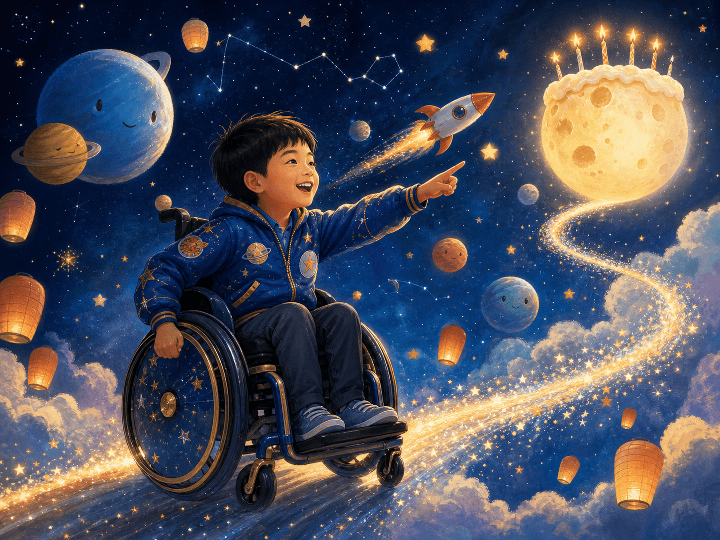A young space hero racing along a trail of starlight toward the Birthday Moon
