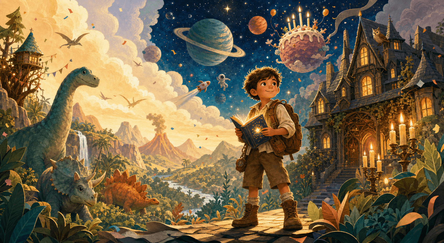 An illustrated child hero surrounded by dinosaurs, planets and a mystery manor