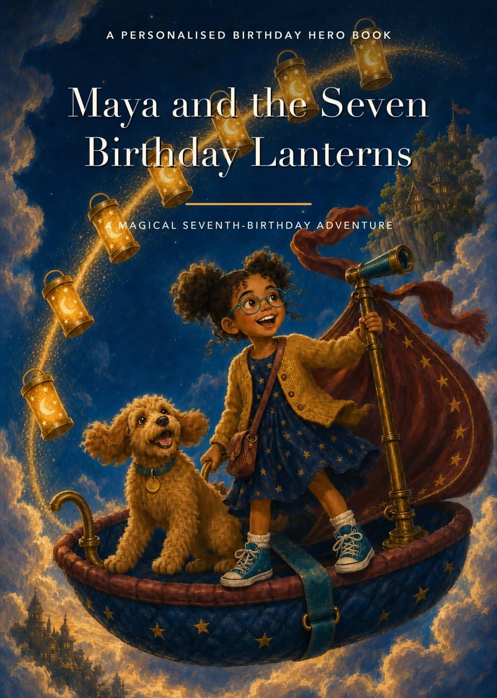 Cover: Maya, a young girl with curly hair and teal glasses, stands in a flying blanket boat beside her curly-haired dog Pip, one hand on a brass telescope, as seven golden lanterns spiral away through a starry night sky. The title reads “Maya and the Seven Birthday Lanterns”.